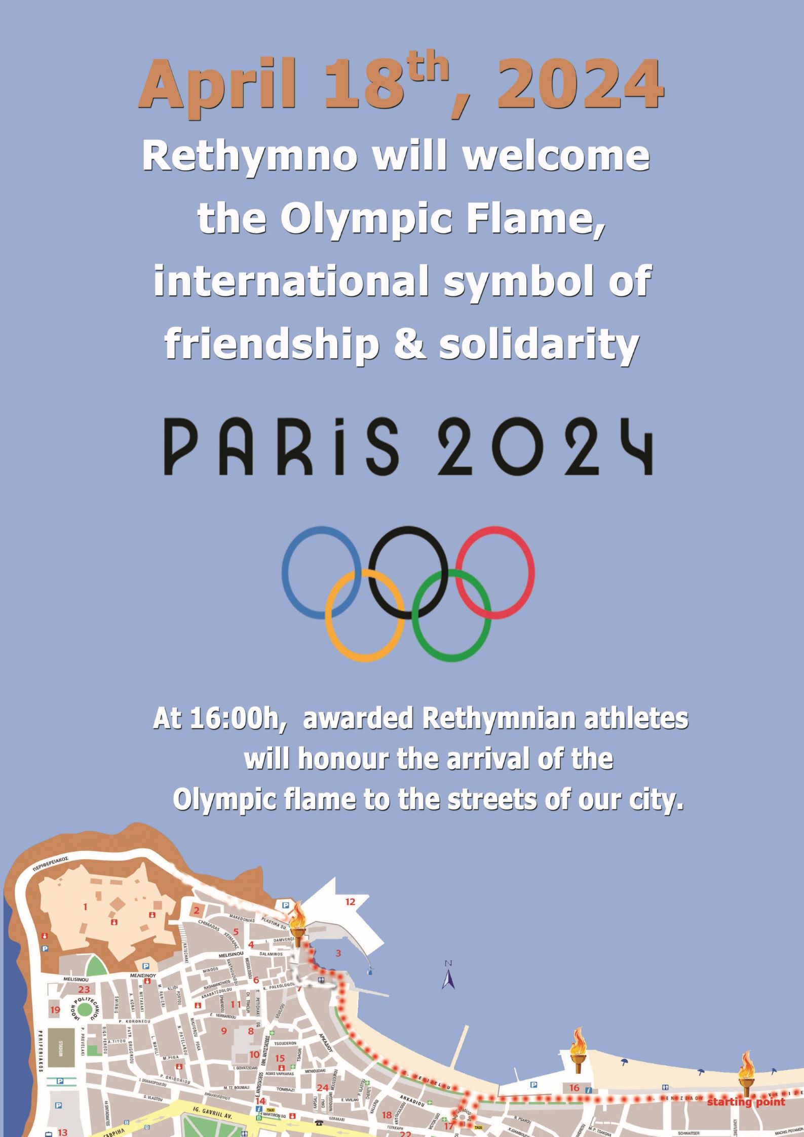 Rethymno, Celebrations map of the olympic flame 2024. From Rethymno to Paris